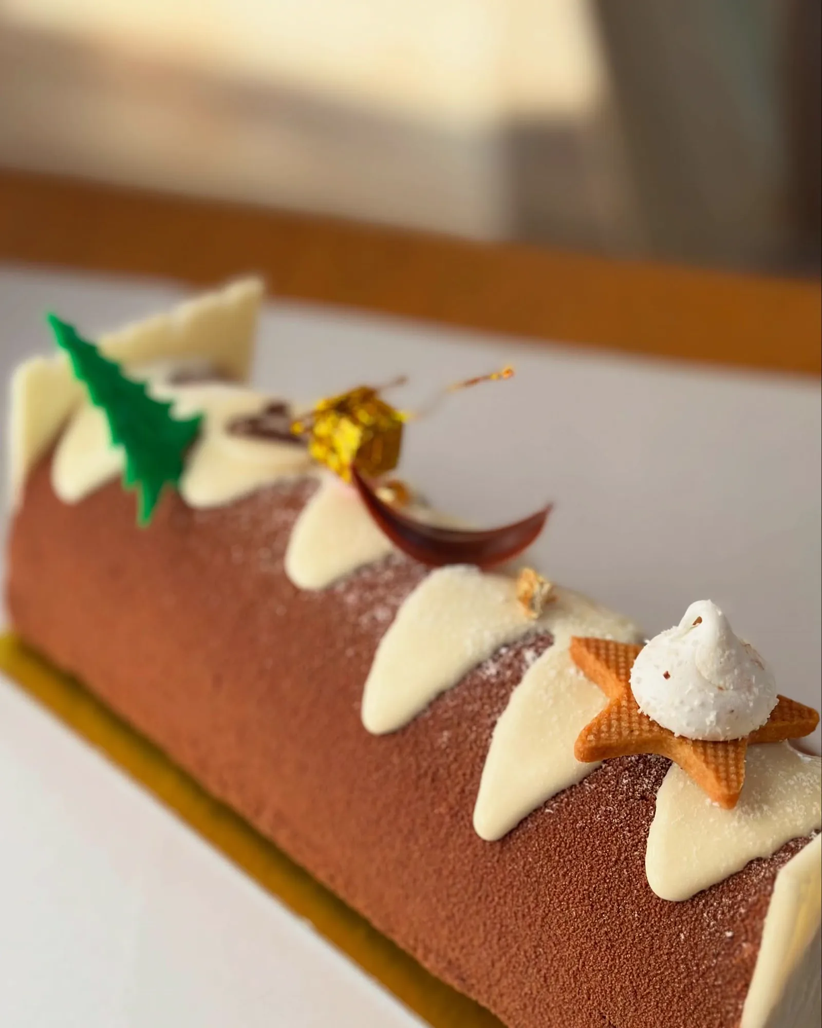 Bûche de Noël chocolat, chocolat blanc, sapin et étoile