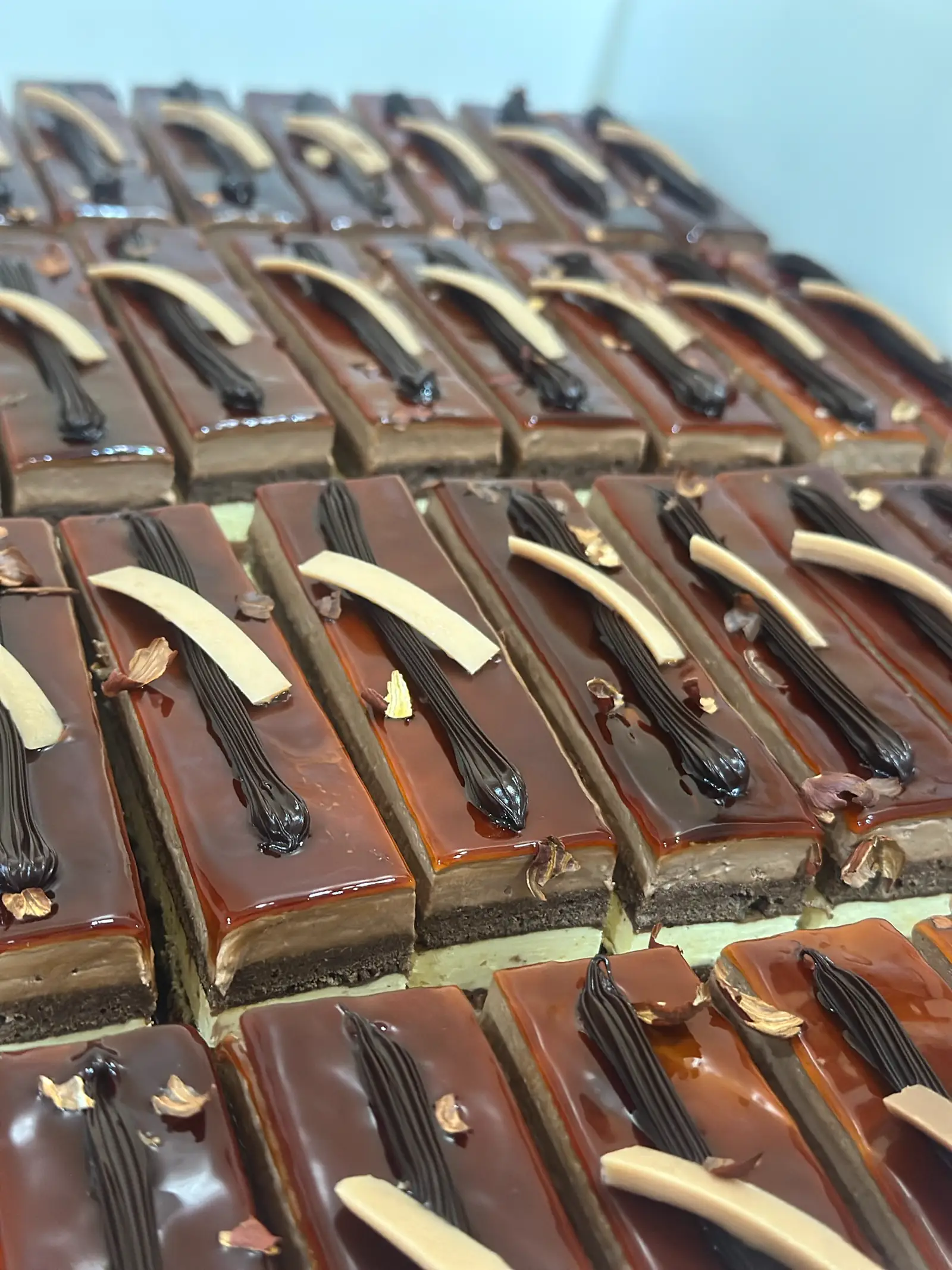 Tranches d'entremets caramel glacées, décor chocolat