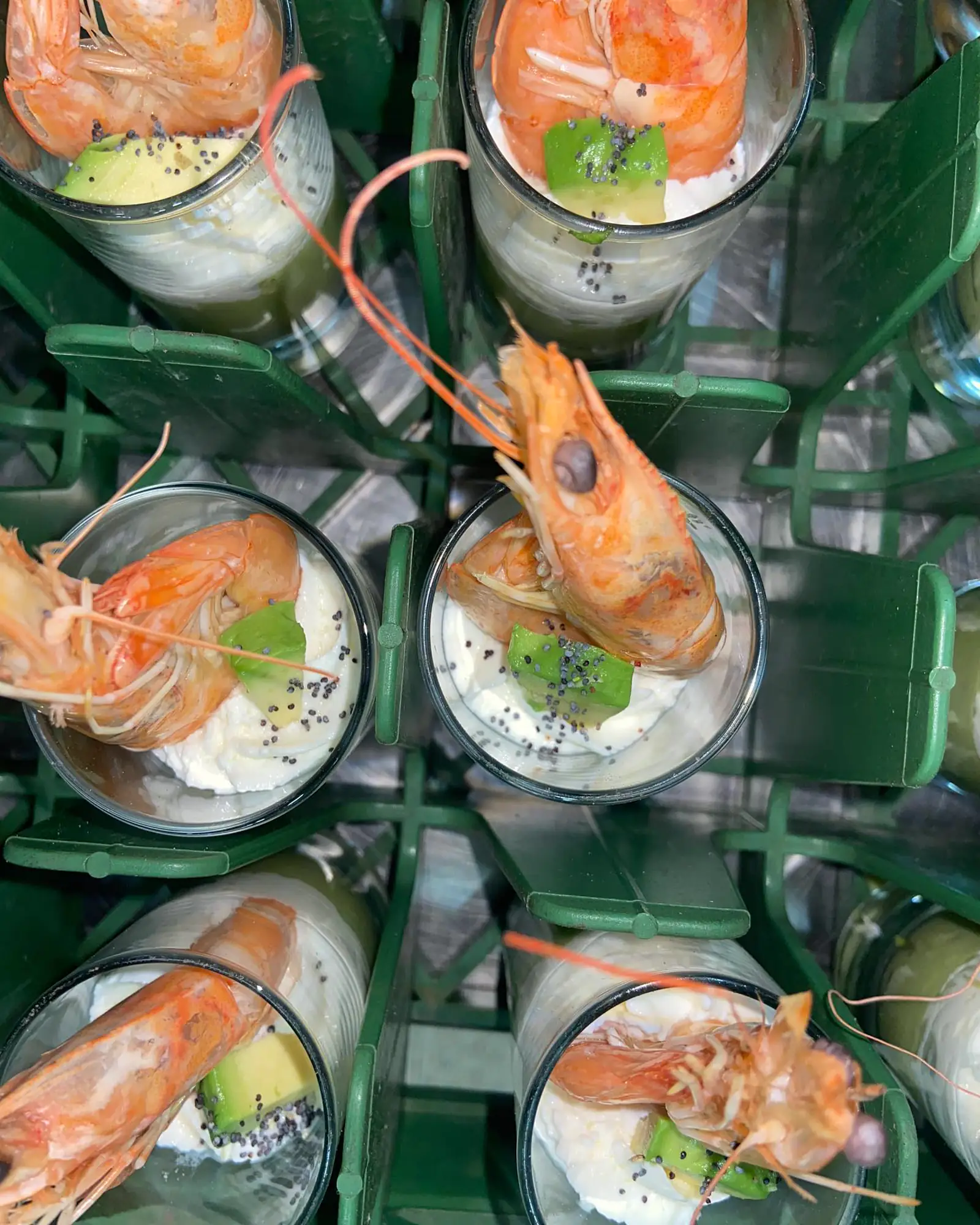 Verrines crevettes, avocat et graines de pavot en casiers
